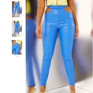 BRIGHT BLUE FAUX LEATHER CUT OUT DETAIL SKINNY PANTS